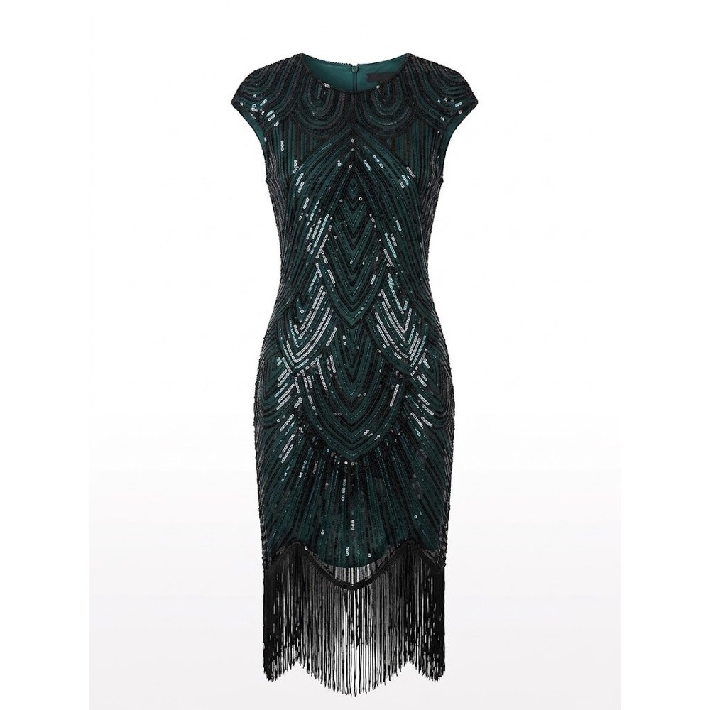 Fundaisy Dress Womens L Green Sequin Flapper Art Deco Roaring 20s Fringe Gatsby